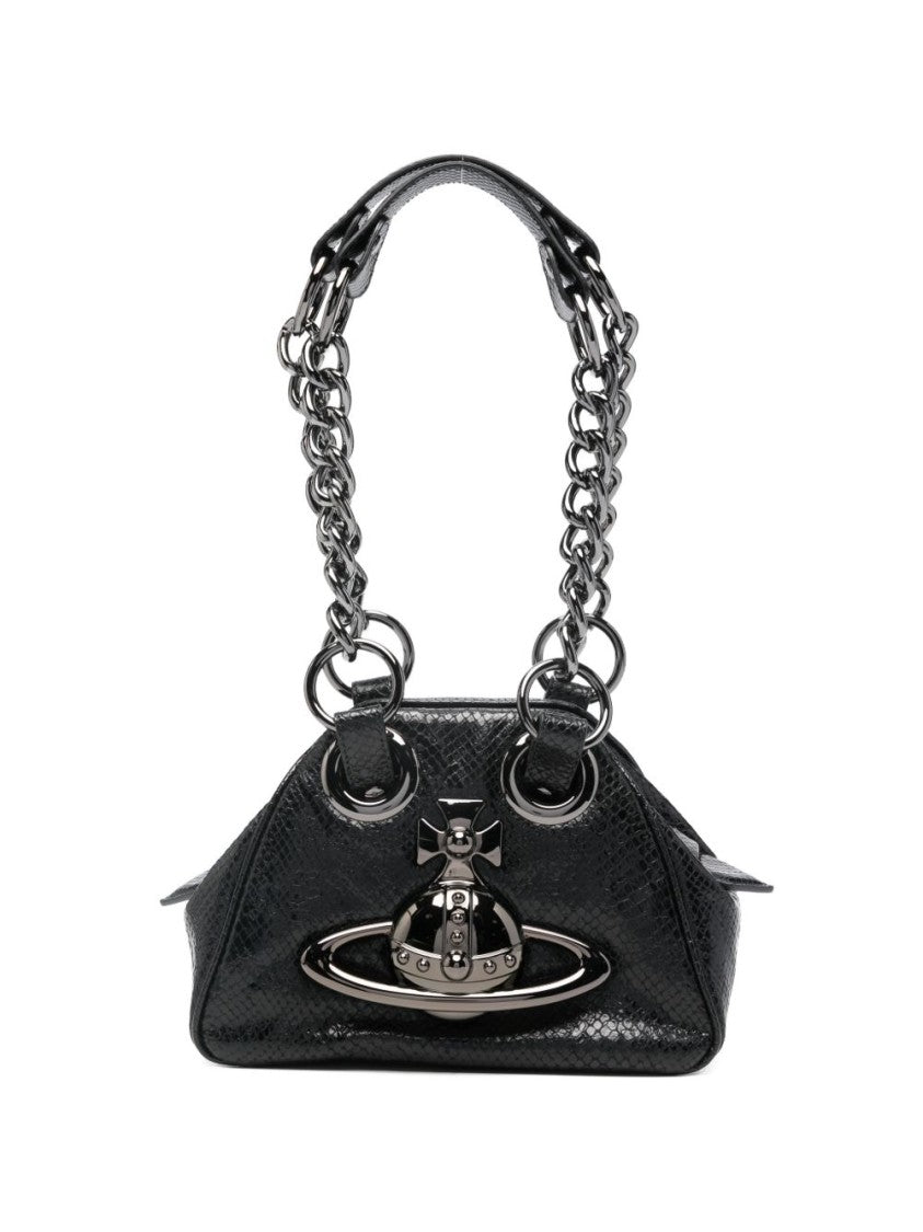 Vivienne Westwood Textured Black Handbag With Metallic Emblem And Chain Handles