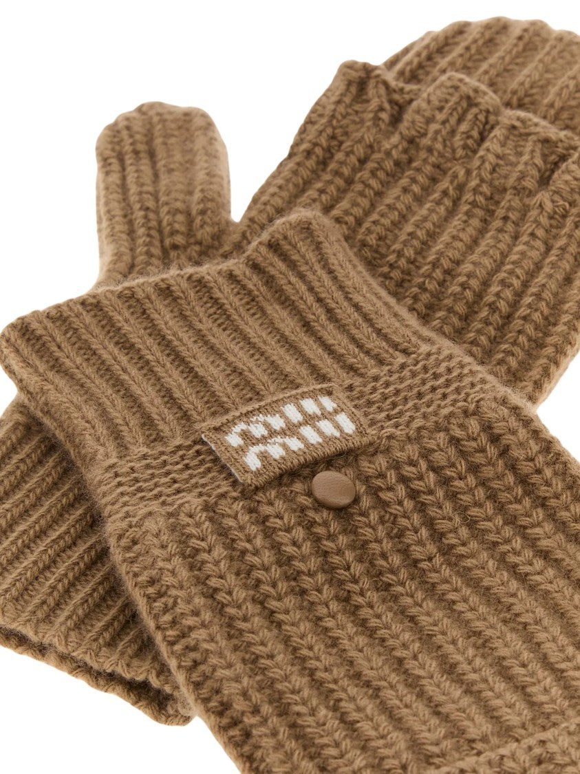 Miu Miu Ribbed Knit Convertible Gloves With Mitten Top And Logo Patch