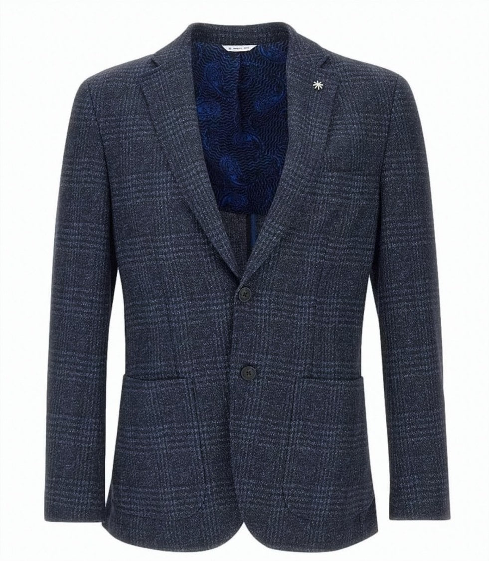 Manuel Ritz Refined Blue Checked Blazer With Narrow Lapels