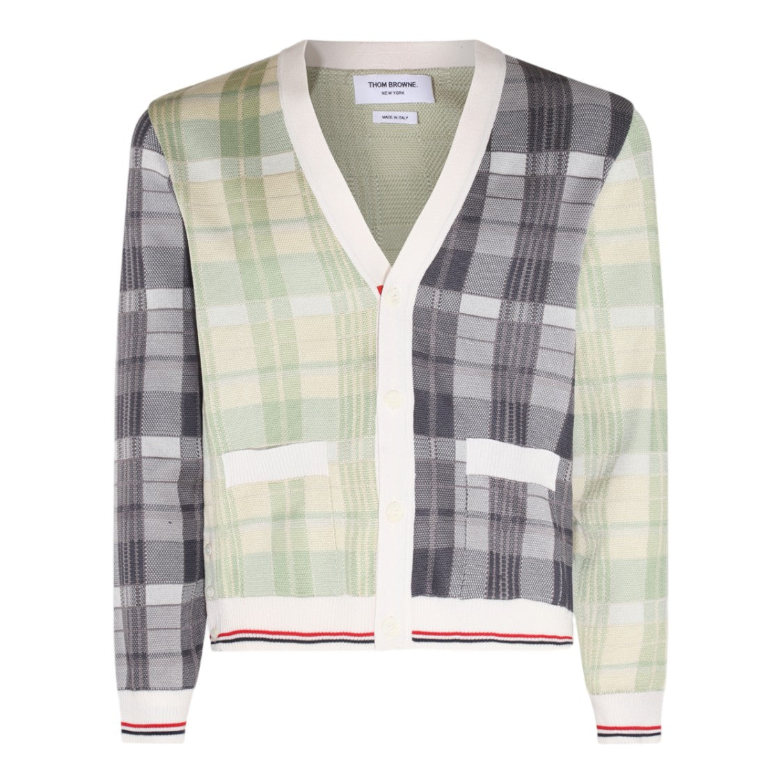 Thom Browne Patchwork Plaid Cardigan With Contrasting Stripes