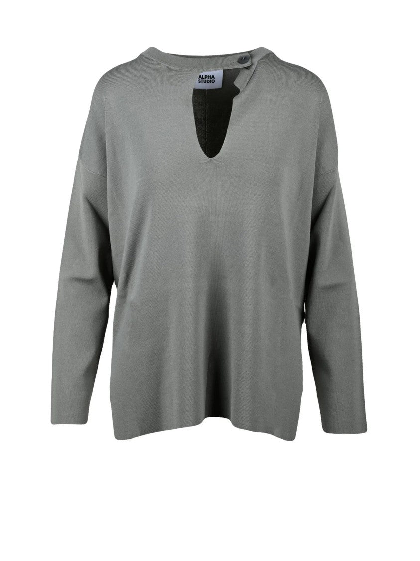 Alpha Studio Sage Green Viscose Nylon Asymmetric Knit Top