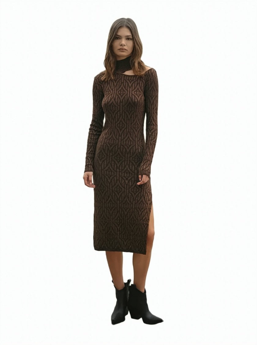 Akep Ribbed Knit Lurex Logo Shoulder Cut-Out Turtleneck Dress