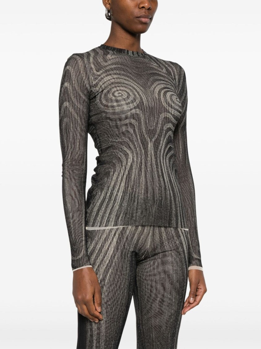 Jean Paul Gaultier Fitted Black Mesh Top With Spiral Print