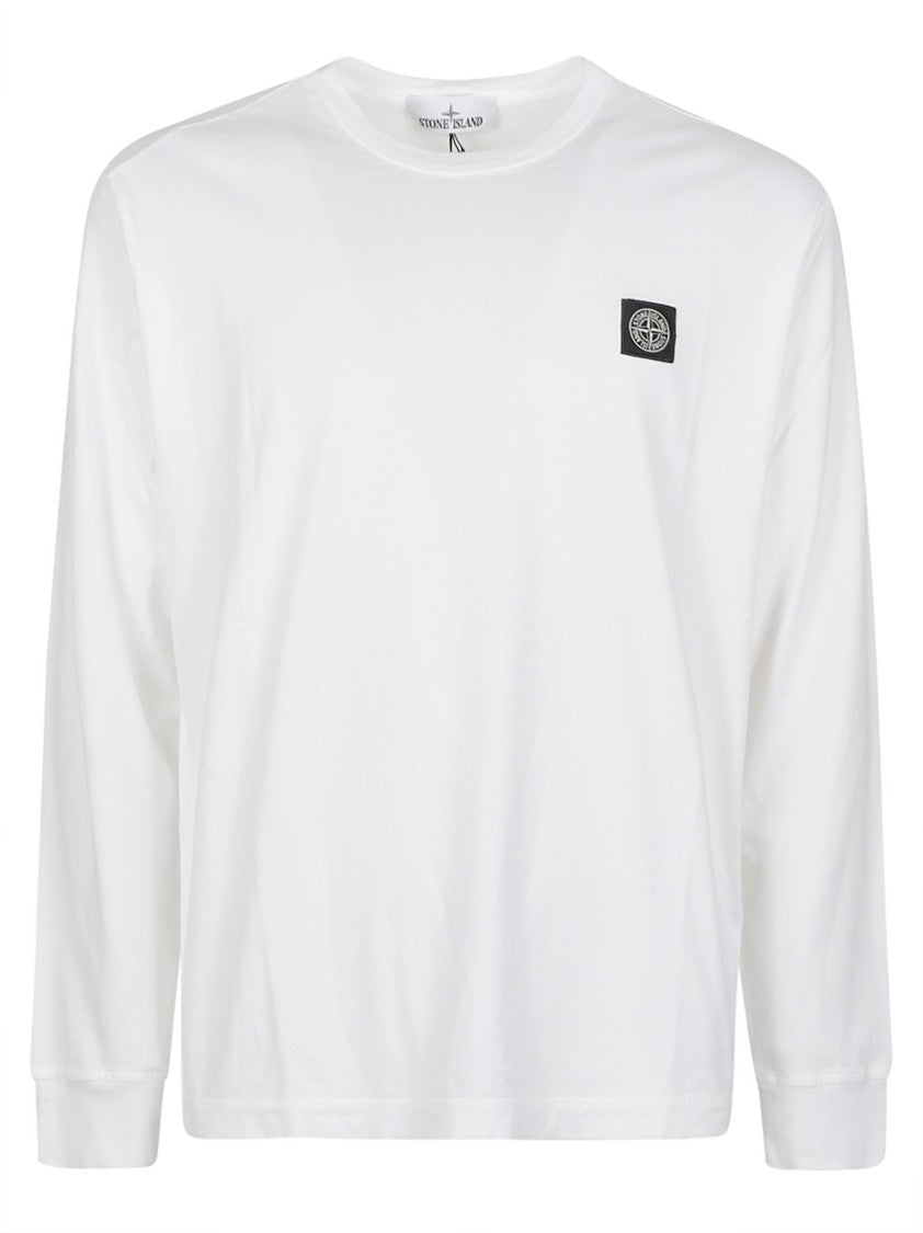Stone Island White Long Sleeve Crewneck Patch Cotton T-Shirt