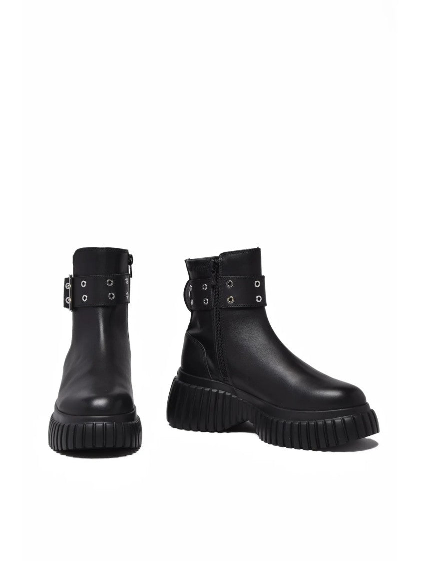 Karl Lagerfeld Black Leather Buckle Midi Boots