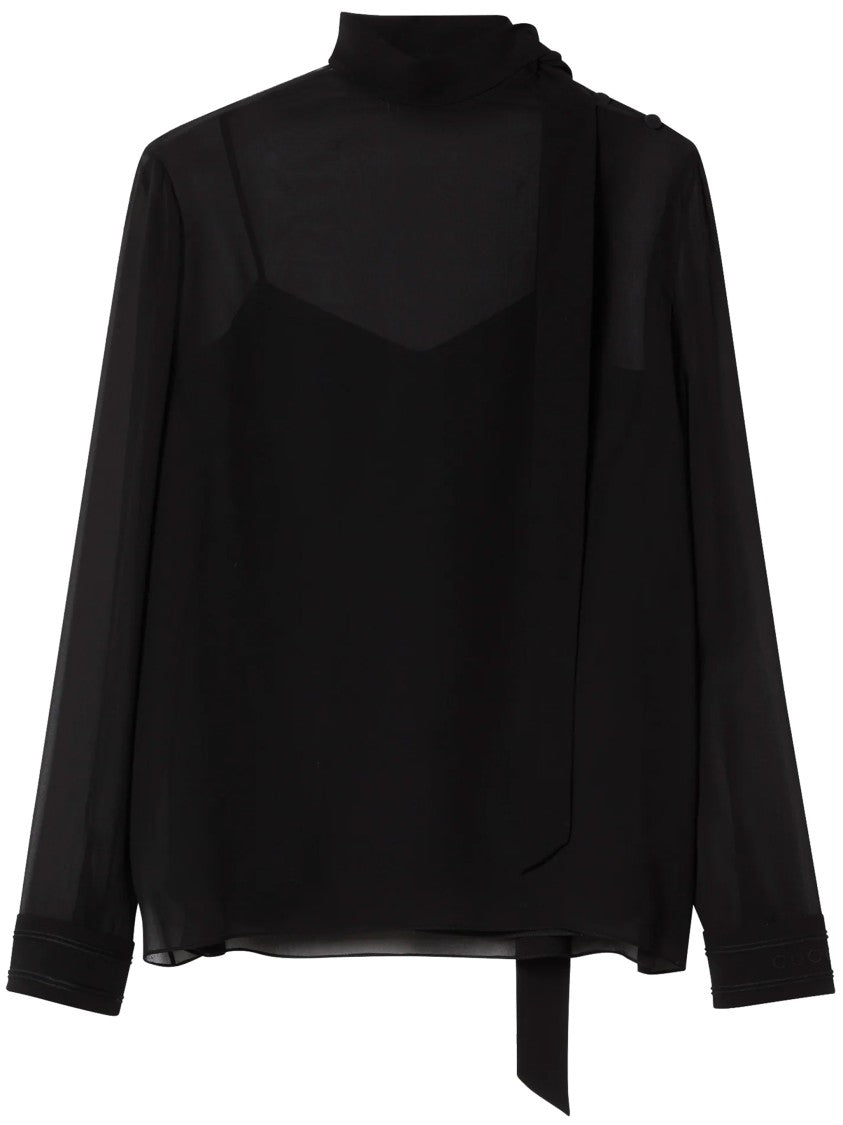 Gucci Black Sheer Silk Georgette Bow Top