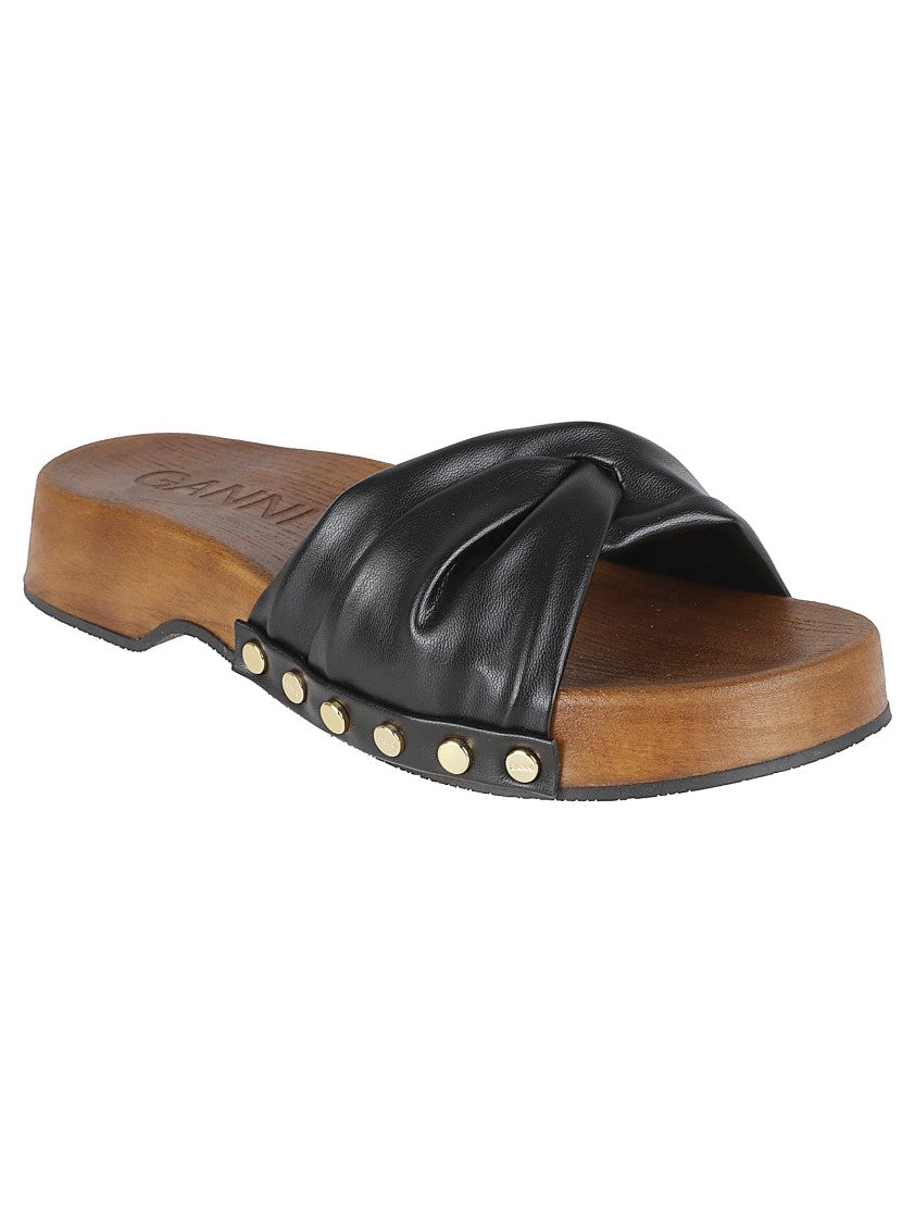 Ganni Knotted Strap Slip-On Sandals With Gold-Stud Accents