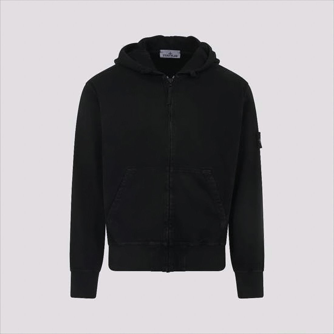 Stone Island Black Cotton Zip-Up Hoodie With Iconic Patch