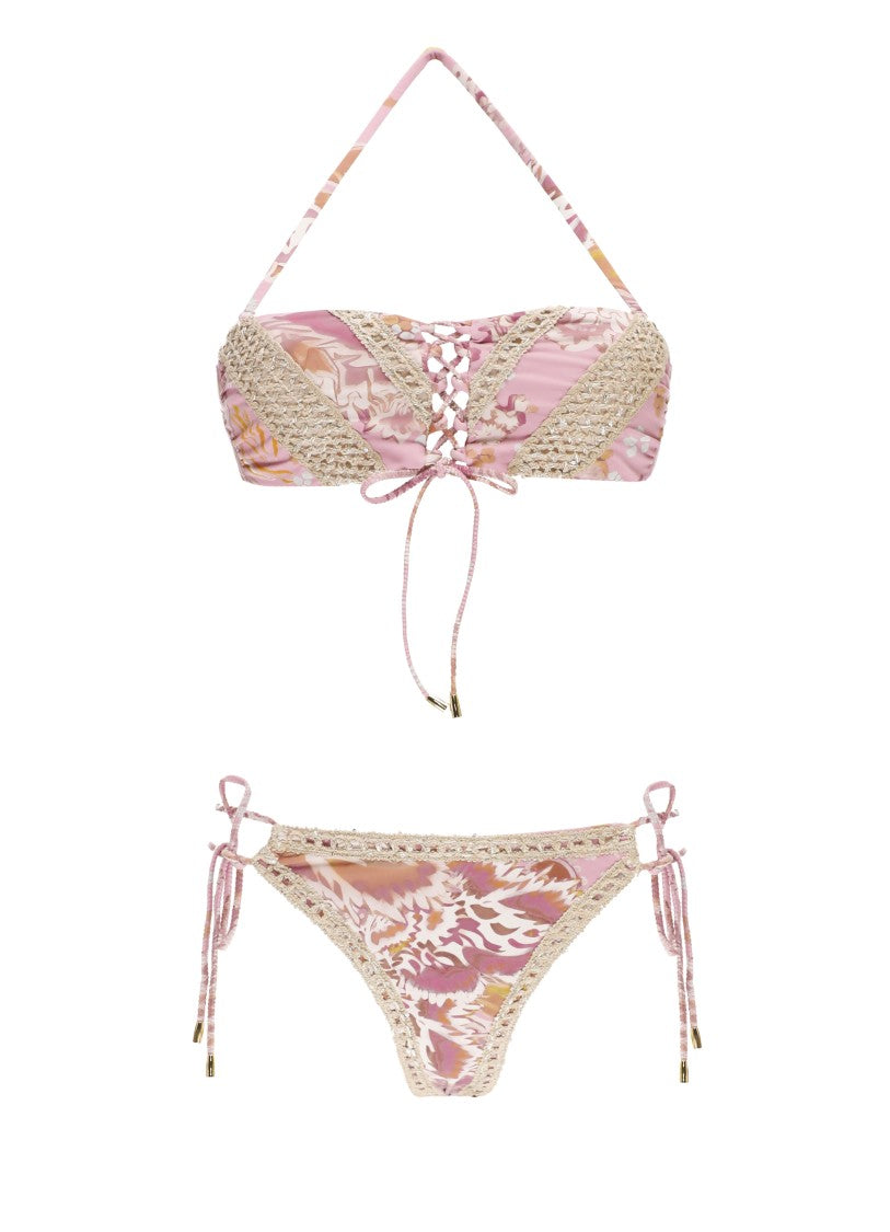 Miss Bikini Bandeau Bikini With Intricate Lace And Floral Pattern