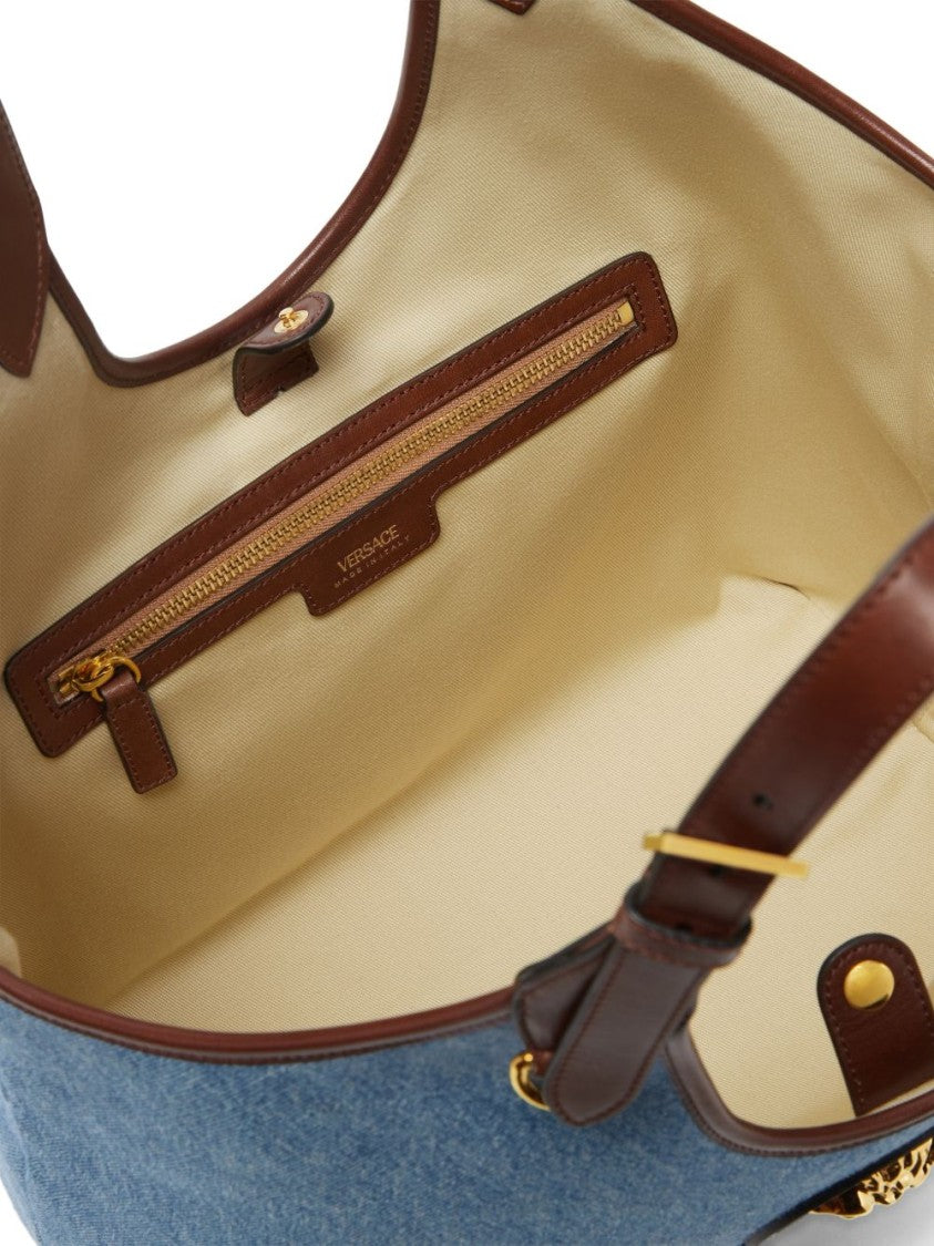 Versace Denim Tote Bag With Brown Leather Trim