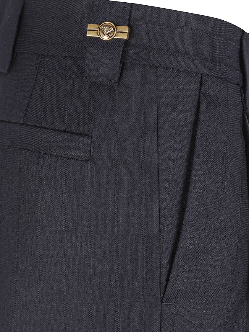 Versace Oversized Black Wool Trousers With Medusa Buckle