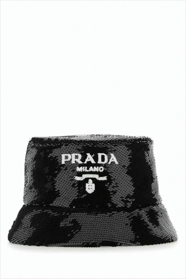 Prada Black Sequin-Embellished Bucket Hat With Logo Detail