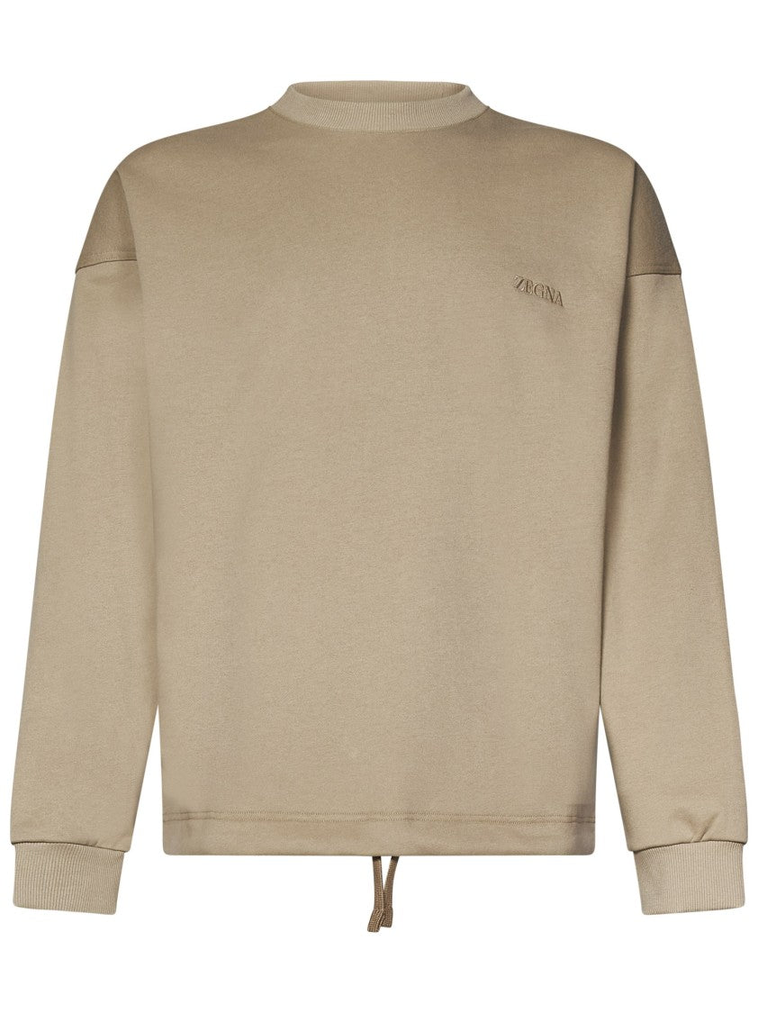 Zegna Beige Cotton Crewneck Sweatshirt With Embroidered Logo