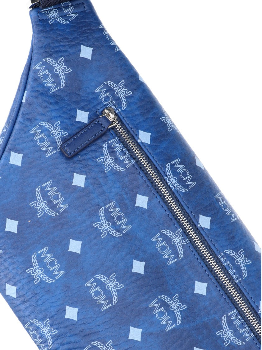 Mcm Signature Logo Print Blue Belt Bag