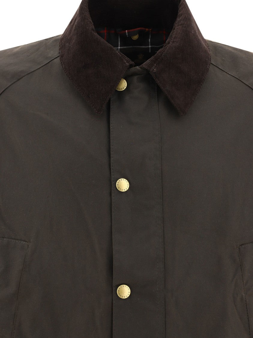Barbour Waxed Cotton Jacket With Corduroy Collar And Flap Pockets