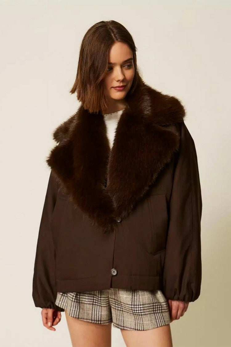 Twin-Set Brown Cotton-Polyester Blend Faux-Fur Collar Jacket