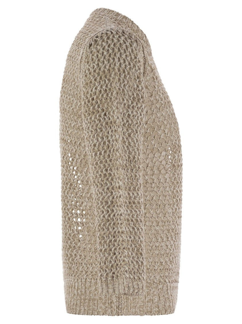 Fabiana Filippi 3/4 Sleeve Striped Crochet-Stitch Cotton Sweater