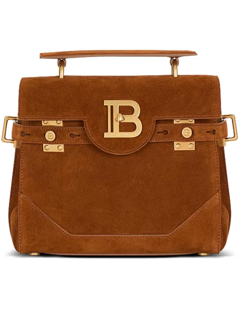 Balmain Medium Structured Suede Handbag Leather Accents