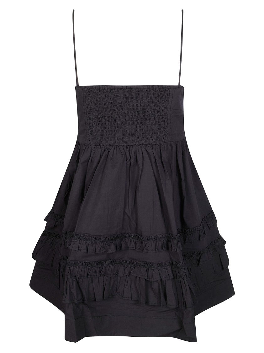Ganni Black Layered Ruffle Spaghetti Strap Mini Dress