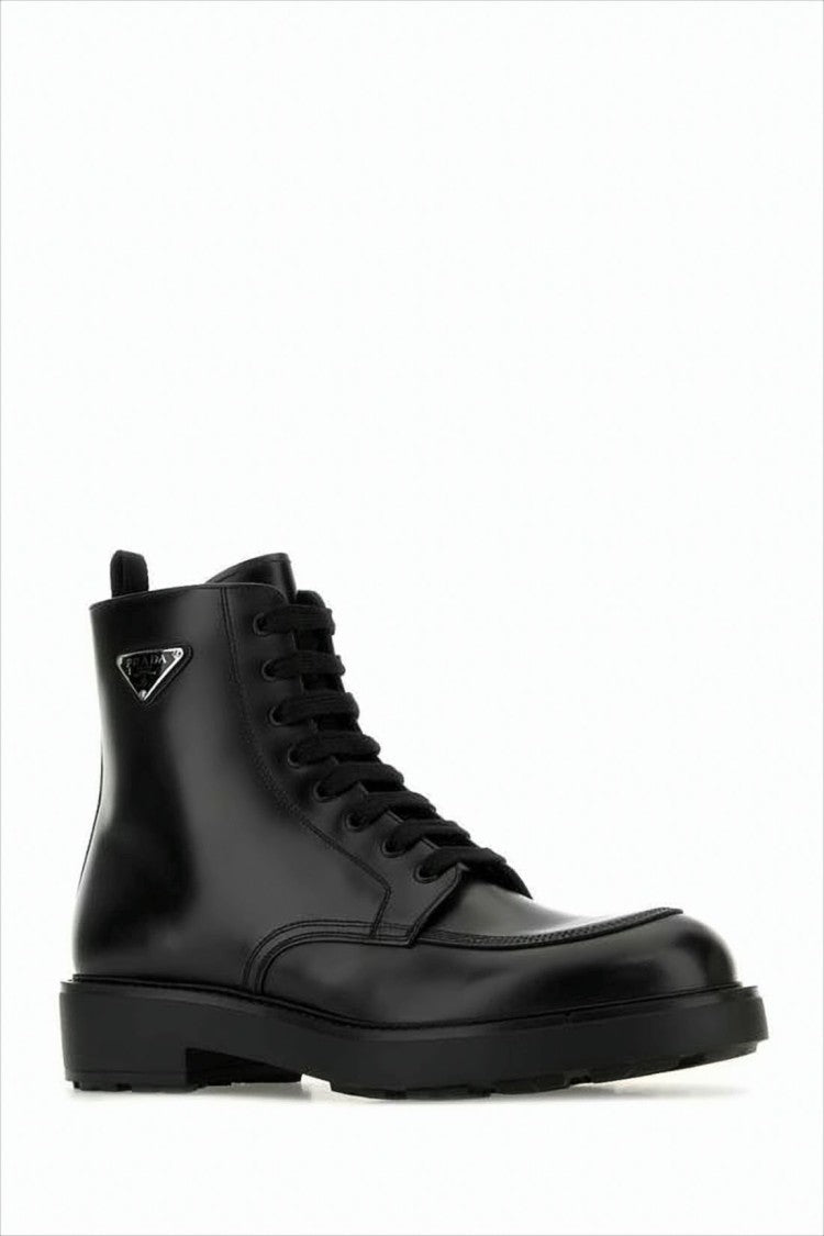Prada Lace-Up Black Leather Ankle Boots With Minimalist Design