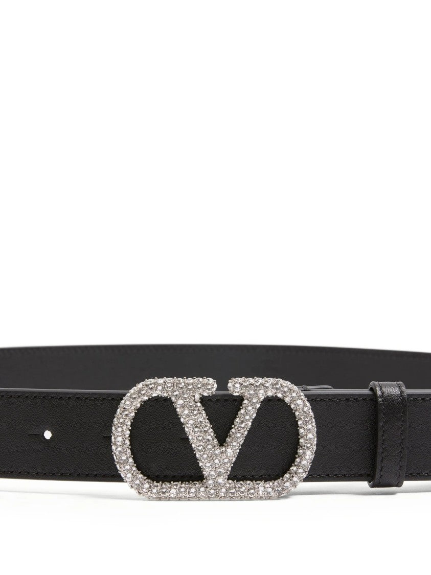 Valentino Black Vlogo Signature Crystal Buckle Belt