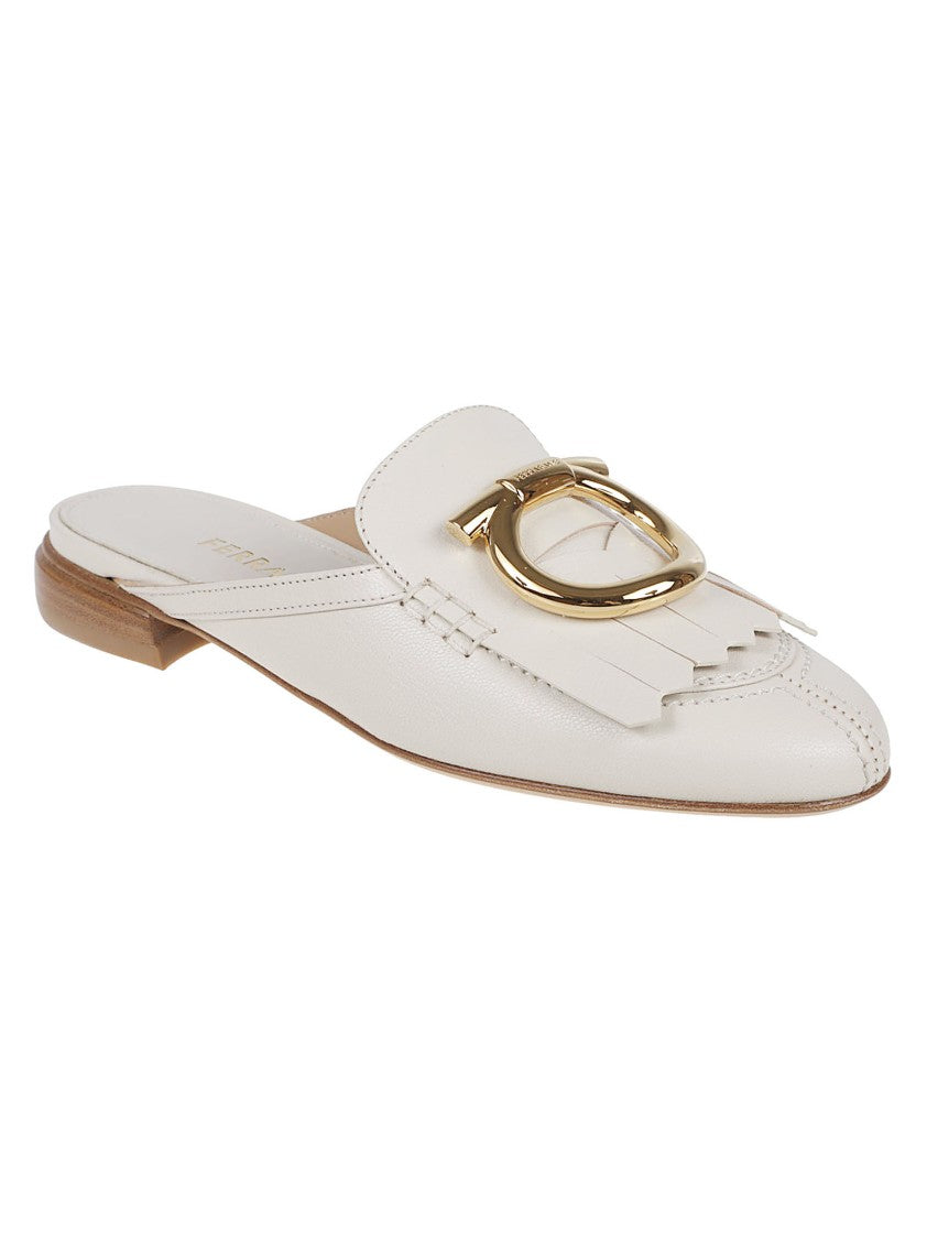 Ferragamo Ivory Leather Slip-On Sandals With Gold Gancini Detail