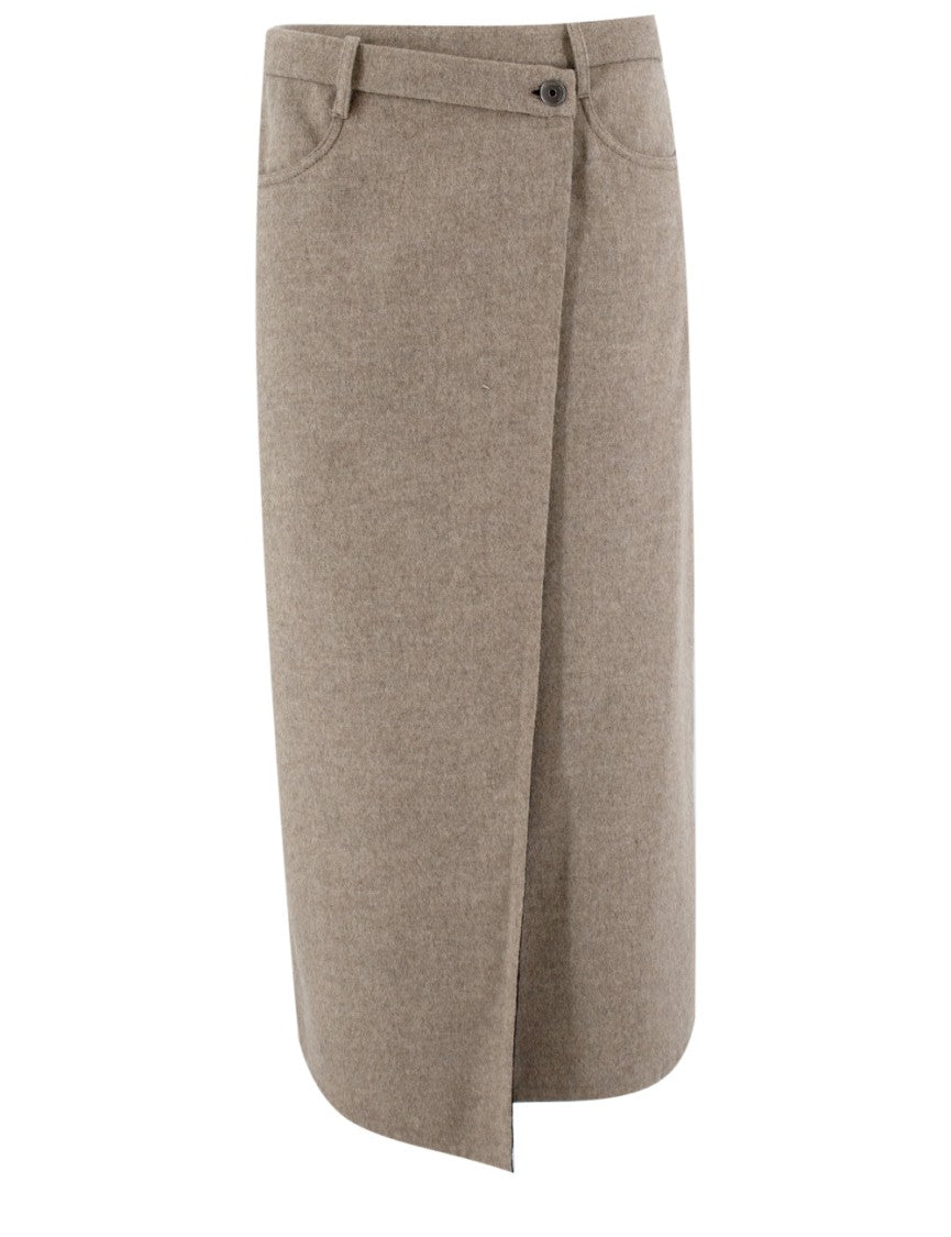 Brunello Cucinelli Knee-Length Virgin Wool Skirt With Wrap-Style Front And Texture