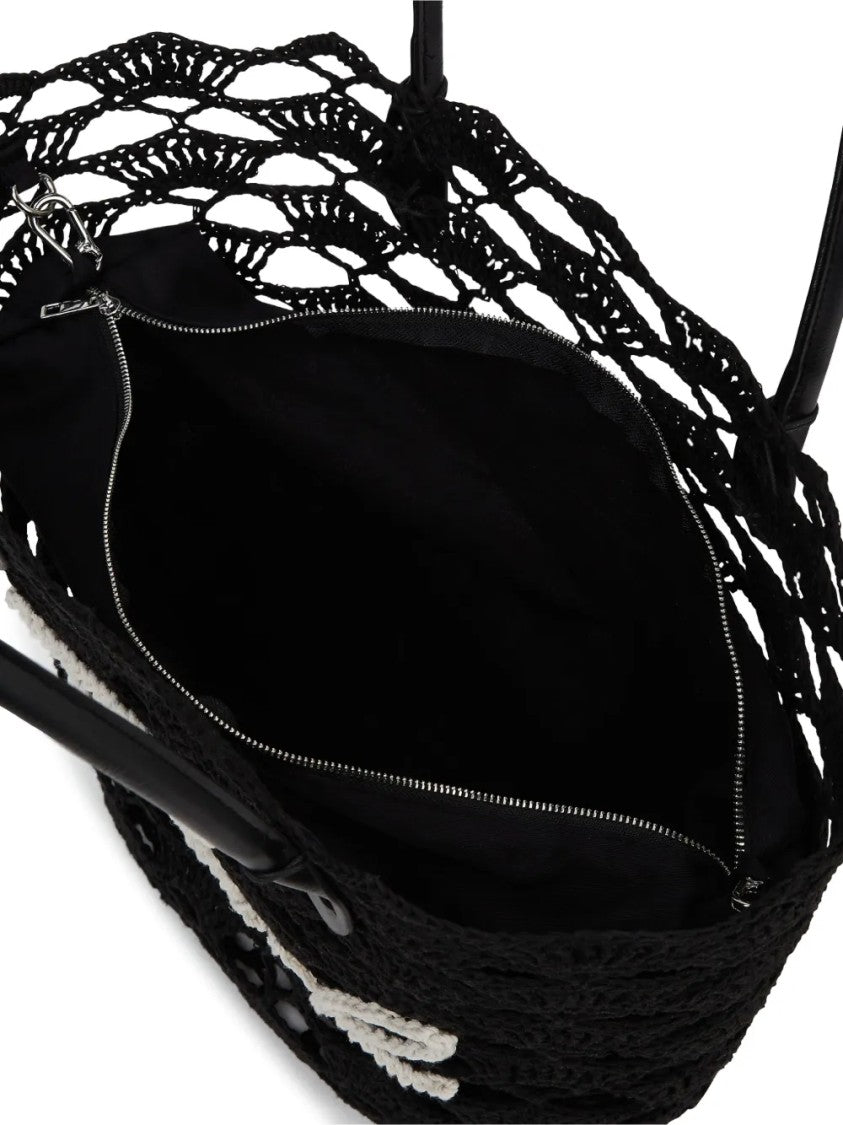 Karl Lagerfeld Intricate Openwork Crochet Tote Bag With Logo Detail
