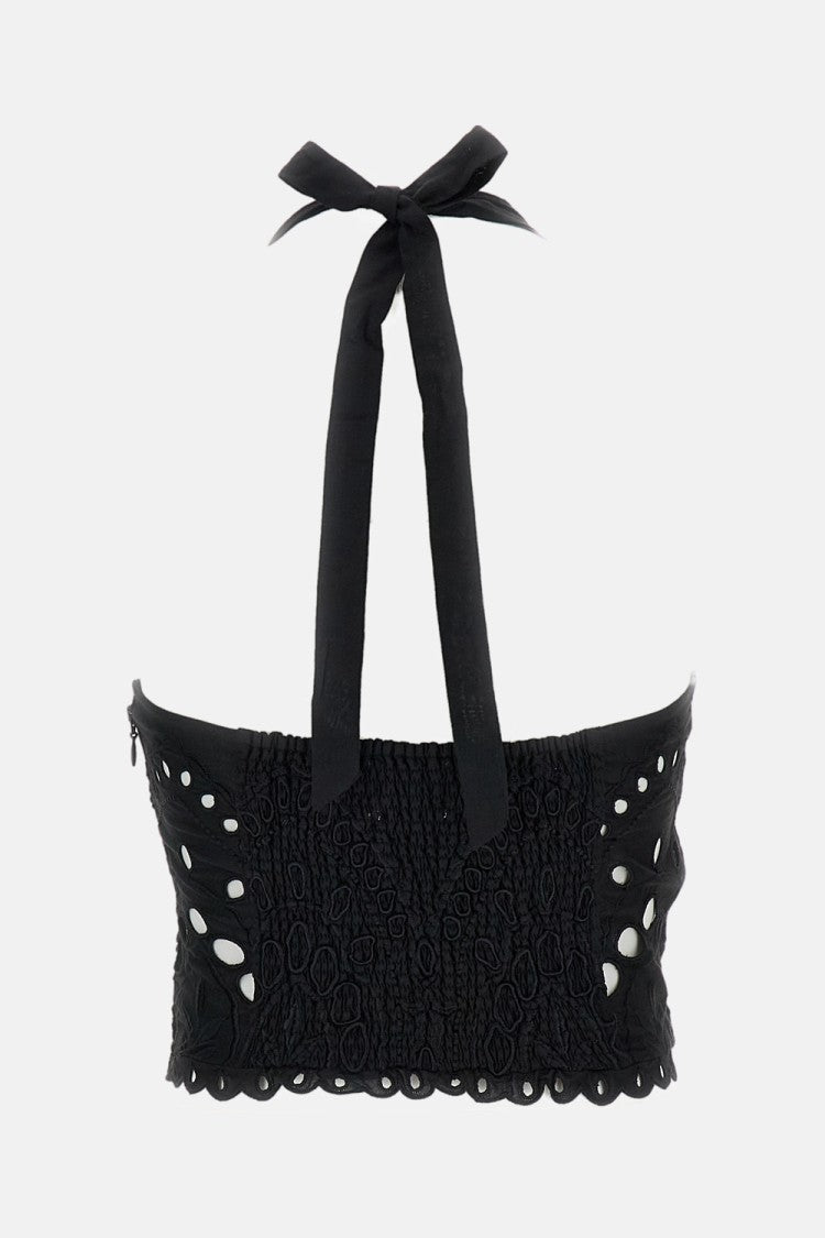 Charo Ruiz Ibiza Black Halter Eyelet Top With Smocked Back