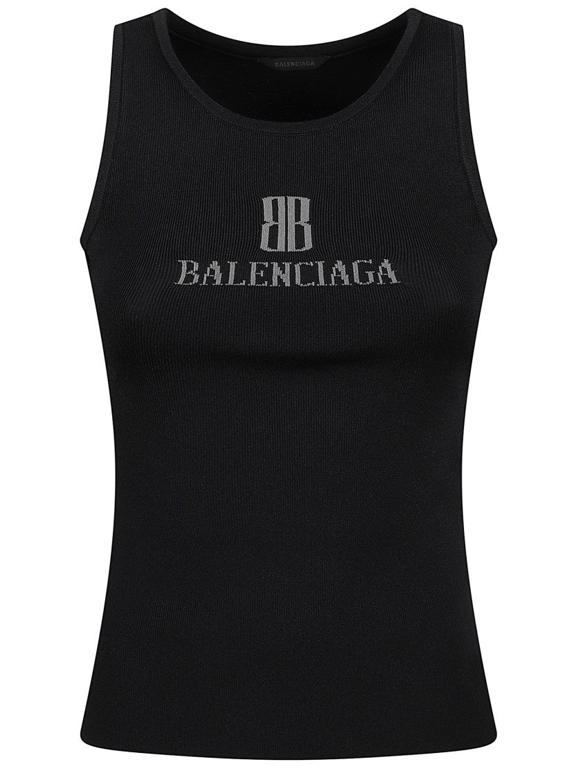 Balenciaga Intarsia-Knit Logo Sleeveless Top With Ribbed Texture