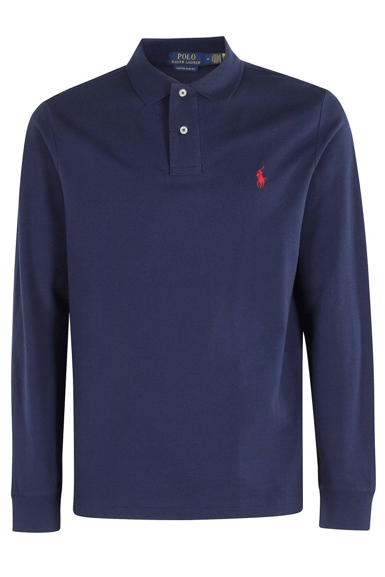 Polo Ralph Lauren Navy Striped Mesh Cotton Long-Sleeve Polo Shirt