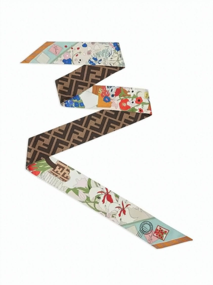 Fendi Brown Silk Monogram Floral Pattern Scarf