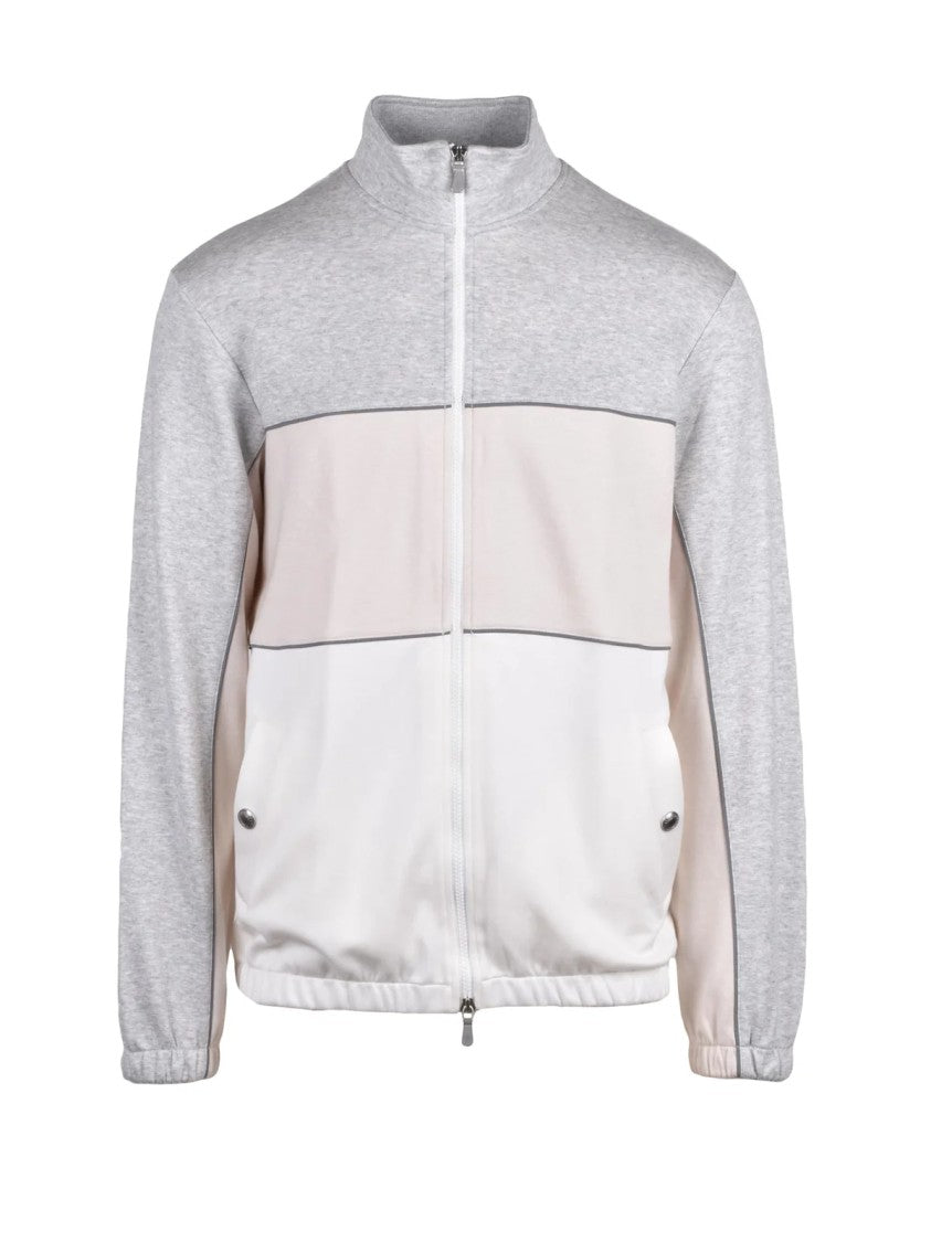 Eleventy Grey/Beige Color-Block Stand Collar Cotton Zip Sweatshirt
