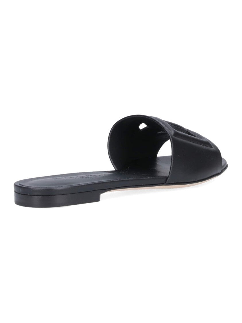 Dolce & Gabbana Black Dg Leather Slides Sandals