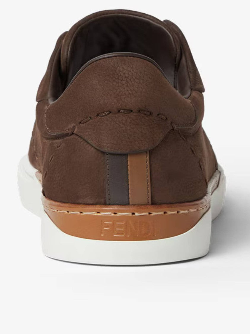 Fendi Low-Top Brown Leather Slip-On Sneaker With Contrasting Tan Accents