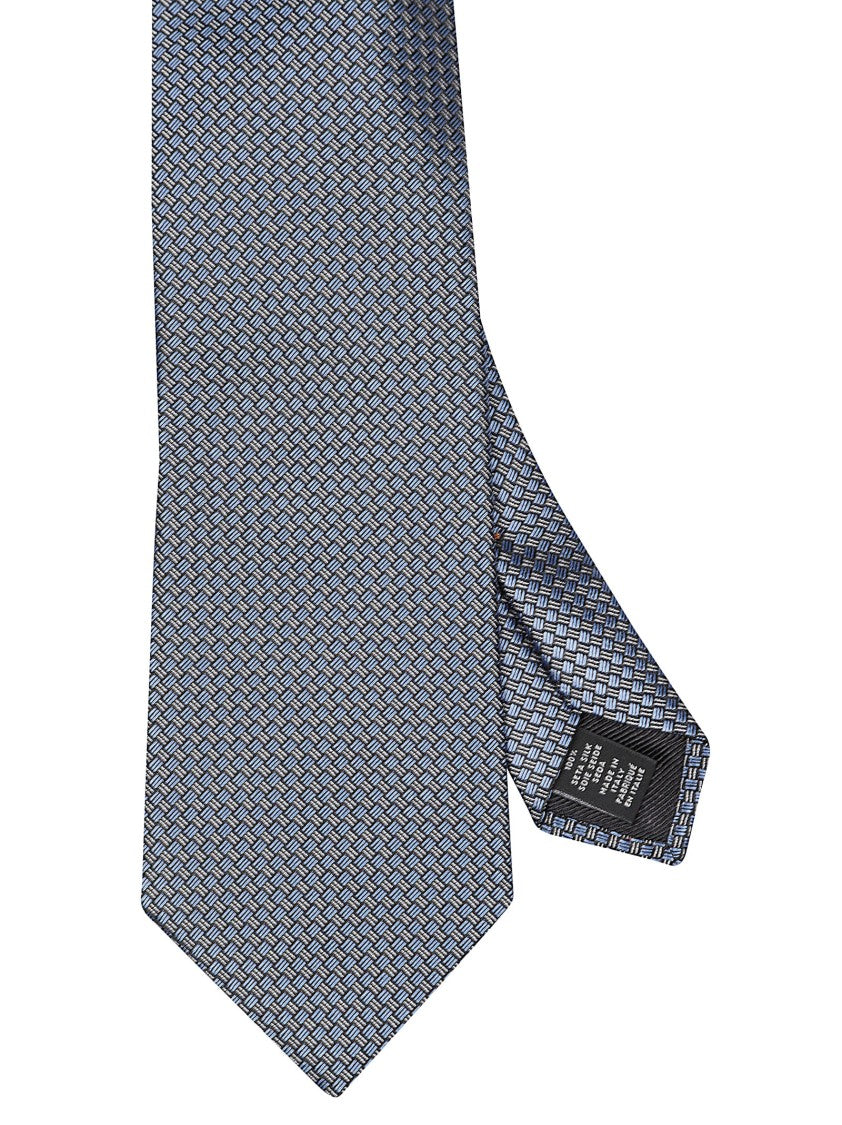 Zegna Blue-Grey Geometric Patterned Mulberry Silk Tie