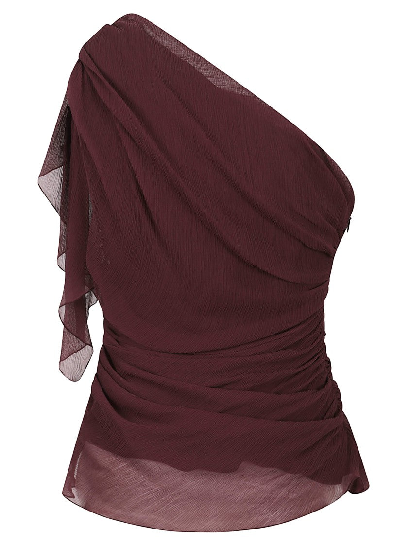 Victoria Beckham Burgundy One-Shoulder Silk Top With Elegant Draping