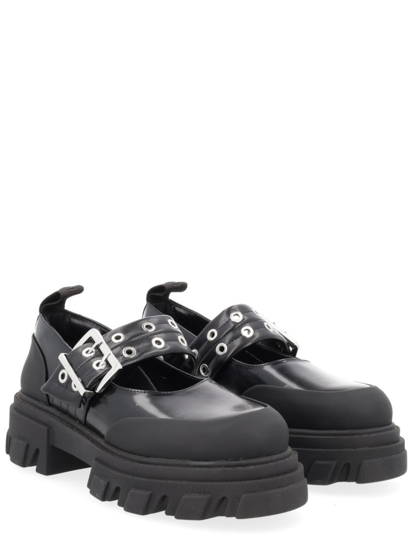 Ganni Logo Buckle Eyelets Platform Flats