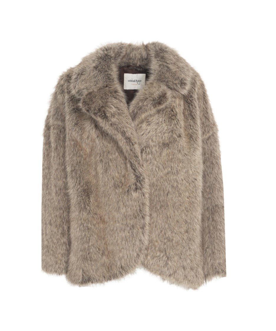 Ottod'ame Brown Faux Fur Jacket With Classic Collar