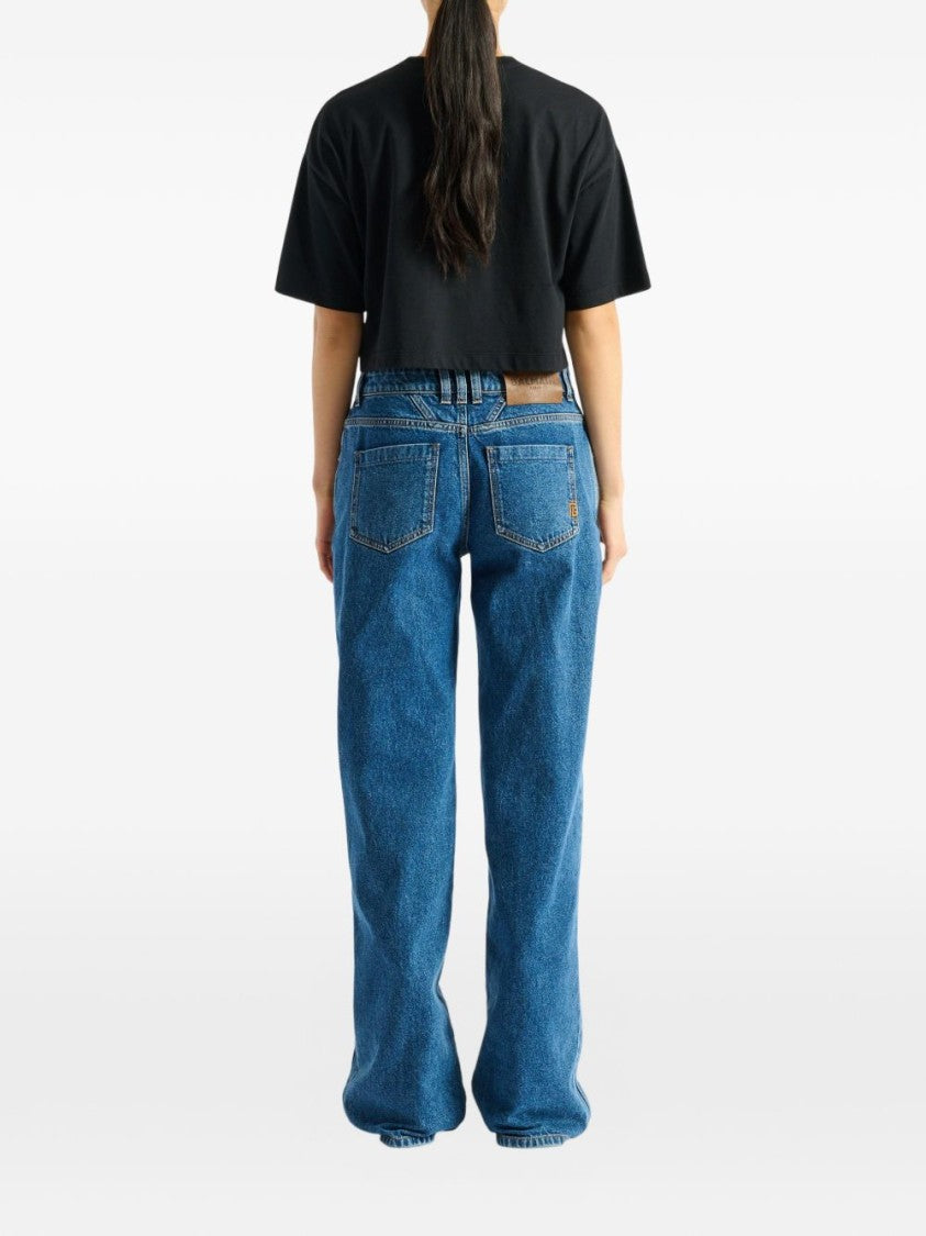 Balmain White Embroidered Cropped Contrasting Logo T-Shirt
