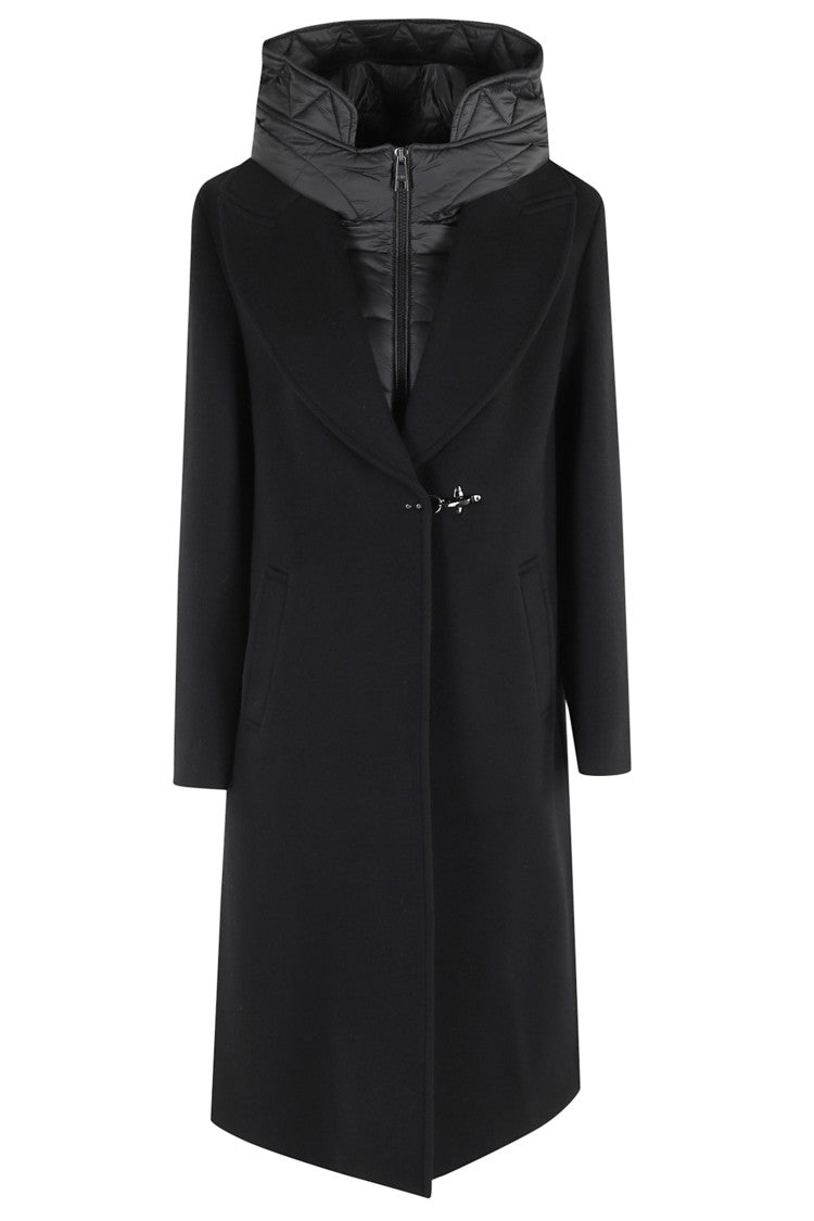 Fay Long Black Coat With Quilted Bib