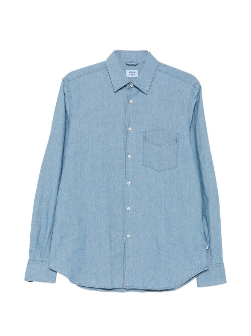 Aspesi Light Blue Denim-Like Button-Down Shirt With Pointed Collar