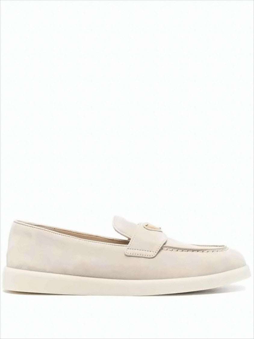 Prada Minimalist Suede And Calf Leather Loafers With Metallic Emblem