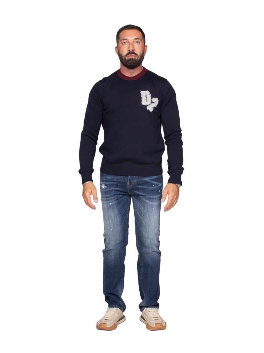 Dsquared2 Wool Sweater With Contrasting Ribbed Collar And Iconic Logo