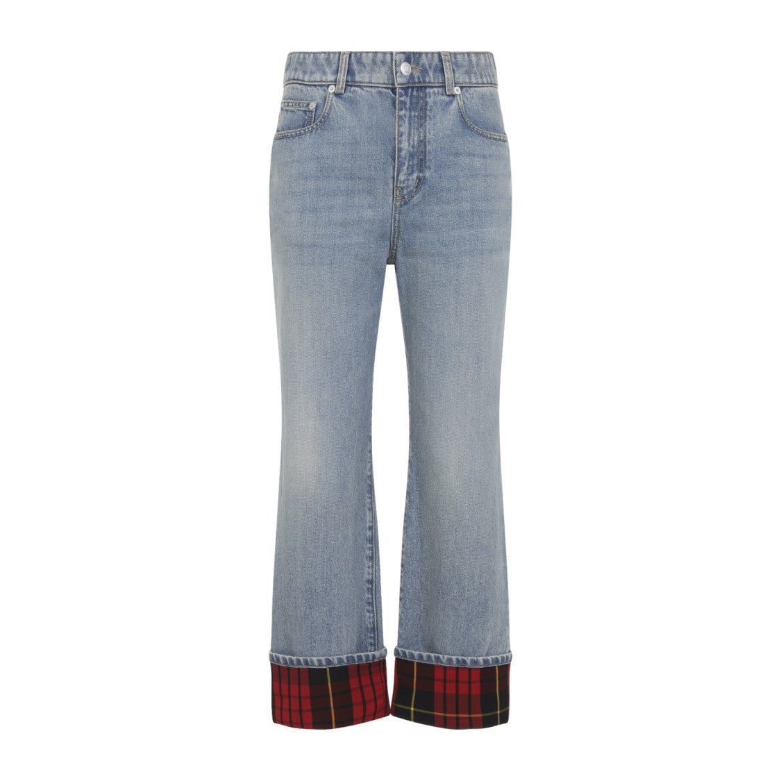Alexander Mcqueen Light Blue Denim Jeans With Bold Tartan Cuffs