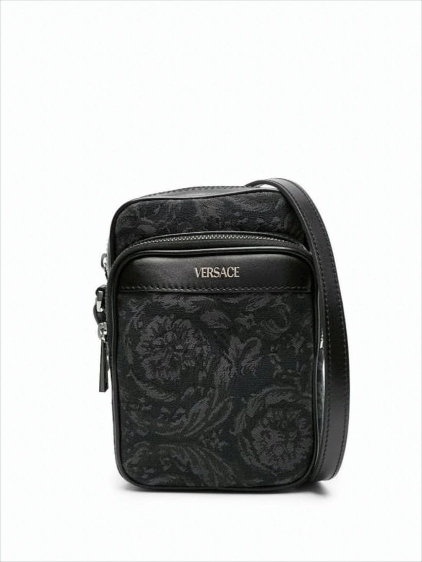 Versace Compact Floral Jacquard Crossbody Bag With Leather Trim