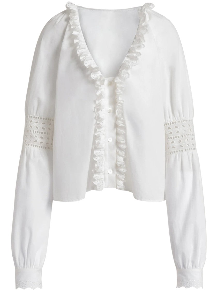 Alberta Ferretti Cropped White Blouse With Ruffled V-Neckline