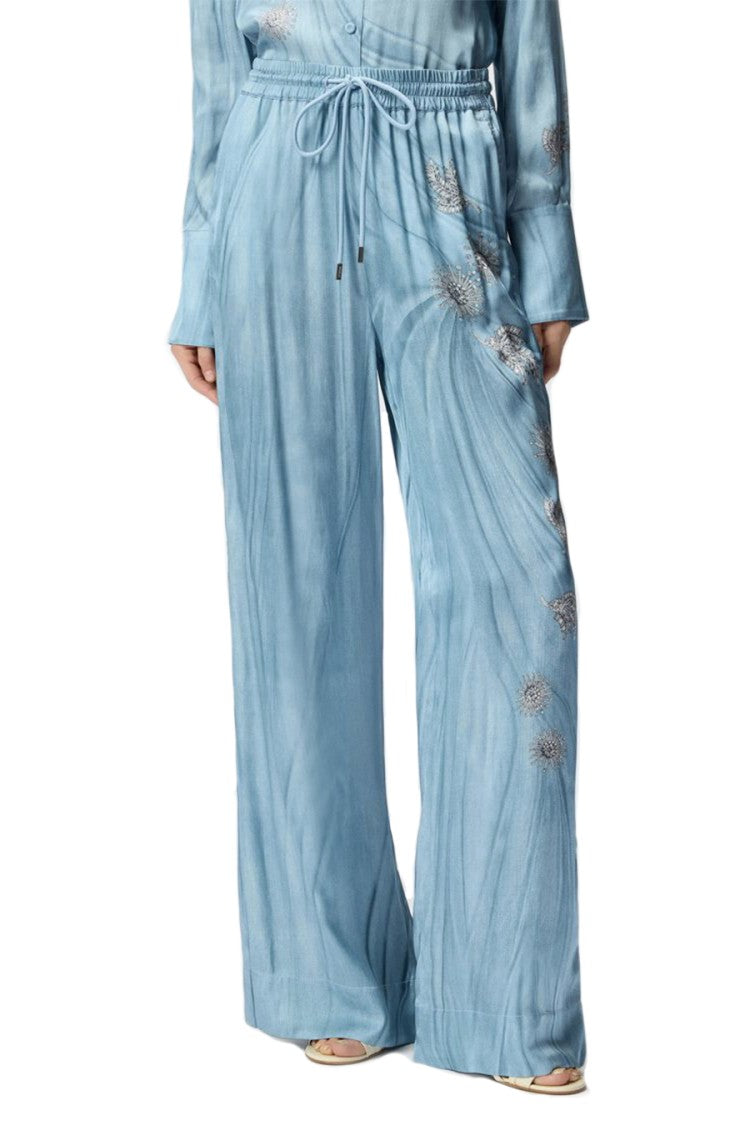 Pinko Blue Floral Embroidery Satin Viscose Wide-Leg Pants