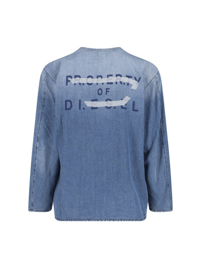 Diesel Denim Shirt With V-Neckline And Bold Back Graphic