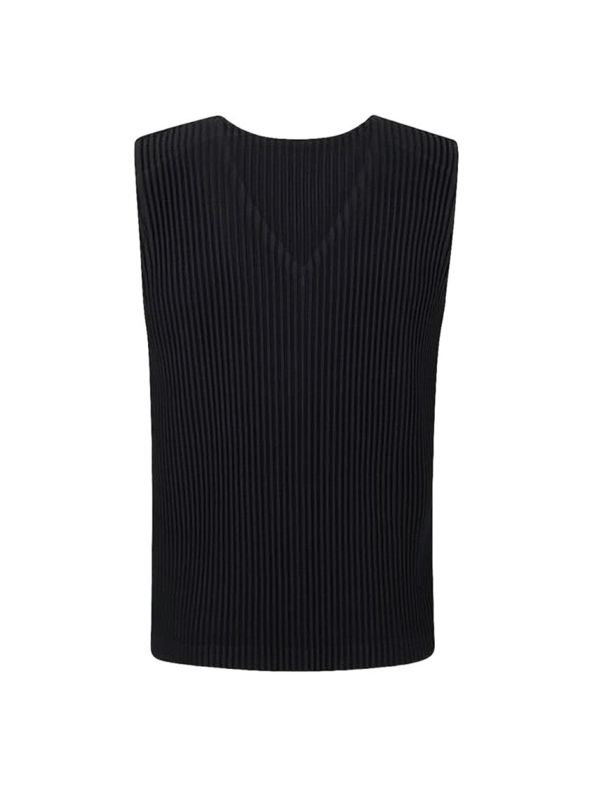 Homme Plissé Issey Miyake Sleeveless Black Pleated Vest With Deep V-Neckline